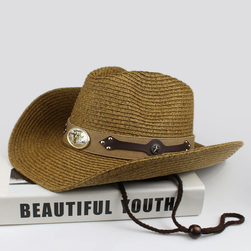 

Vintage Retro Cowhead OX Head Leather Band Belt Hollowed Out Women Men Straw Wide Brim Beach Cowboy Cowgirl Western Sun Hat