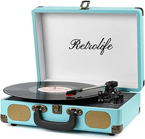 

Record with Speakers 3-Speed Bluetooth Suitcase Portable Vinyl Record Belt-Driven Line Out AUX in Headphone Jack Vinyl Vintag