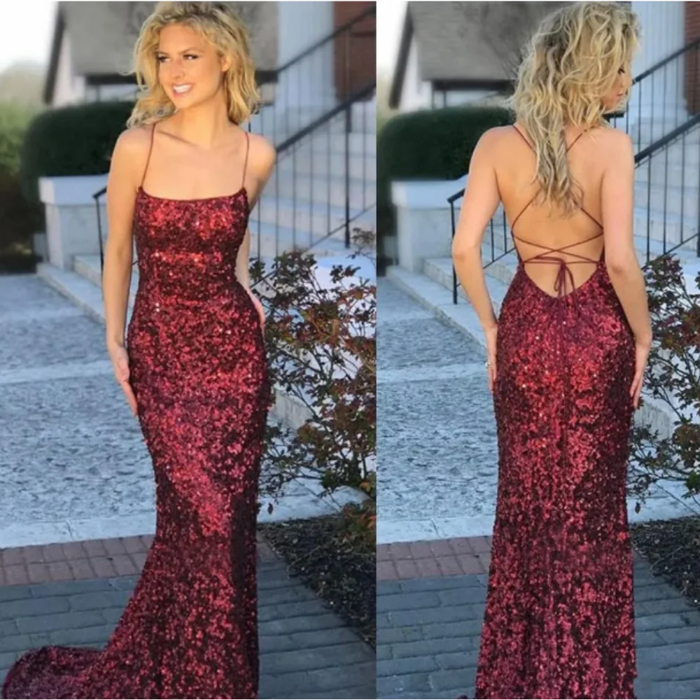 

2024 Arrival Burgundy Sequins Mermaid Prom Dress Spaghetti Straps Sheath Sexy Back Sweep Train Sparkly Formal Evening Party Gown