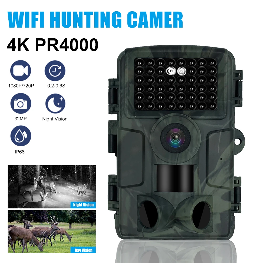 PR4000 4K Trail Camera Bluetooth 30MP with Infrared Night Vision IP66 Waterproof 2.0 inch LCD Wildlife Scouting Hunting
PR4000 4K Trail Camera Bluetooth 30MP with Infrared Night Vision IP66 Waterproof 2.0 inch LCD Wildlife Scouting Hunting