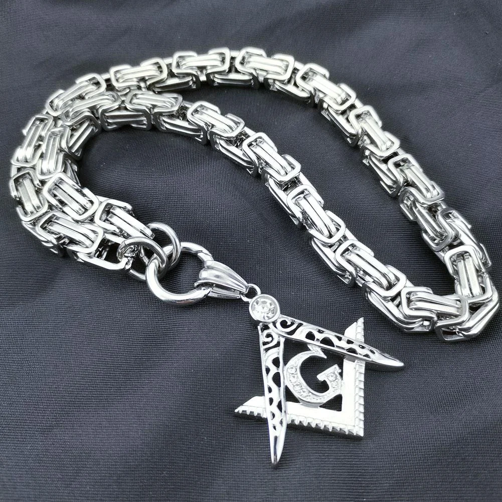 

Men The Freemasonry Masonic Mason Pendant Chain Stainless Steel Original Color Solid Chain Necklace