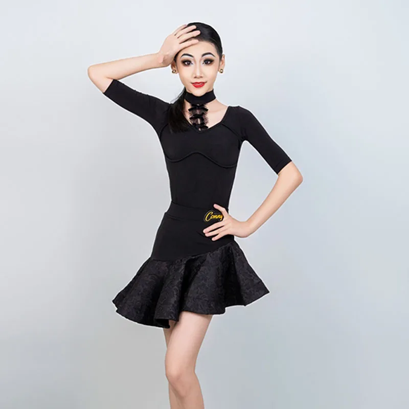 

Black Girls Latin Dance Costume Ruffles Hemline Bodysuit Skirt Outfit Children Cha Cha Samba Stage Performance Clothing YS5395