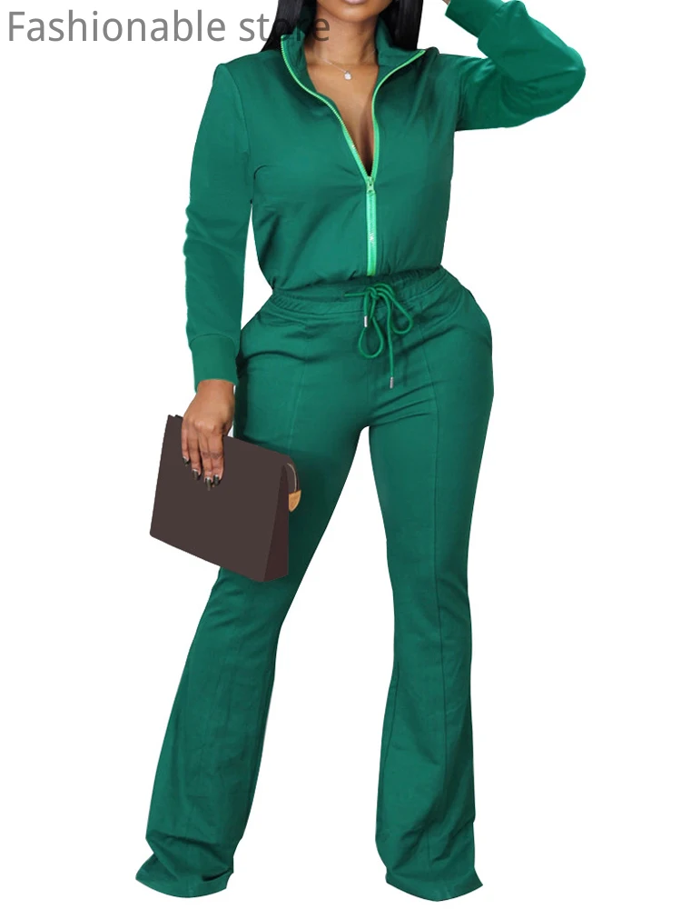 Женский комплект из двух предметов, однотонная куртка на молнии с длинным рукавом и широкие брюки с высокой талией и кулиской 
Женский комплект из двух предметов, однотонная куртка на молнии с длинным рукавом и широкие брюки с высокой талией и кулиской