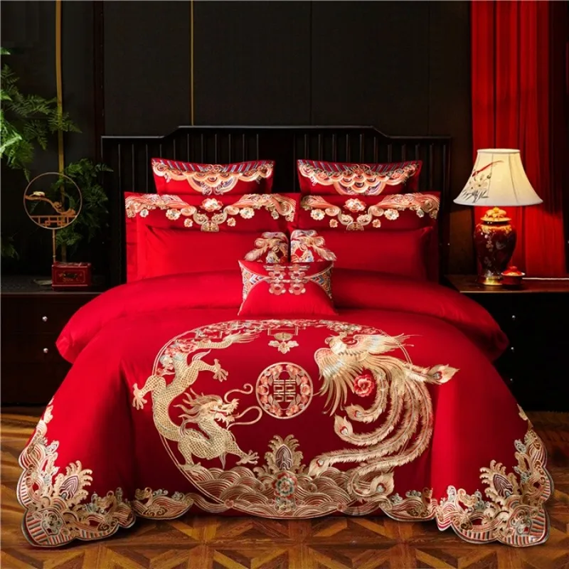 

Red Pure Cotton Bedding Set Luxury Chinese Wedding Loong Phoenix Flowers Embroidery 4/6/8pcs Duvet Cover Bed Sheet Pillowcases