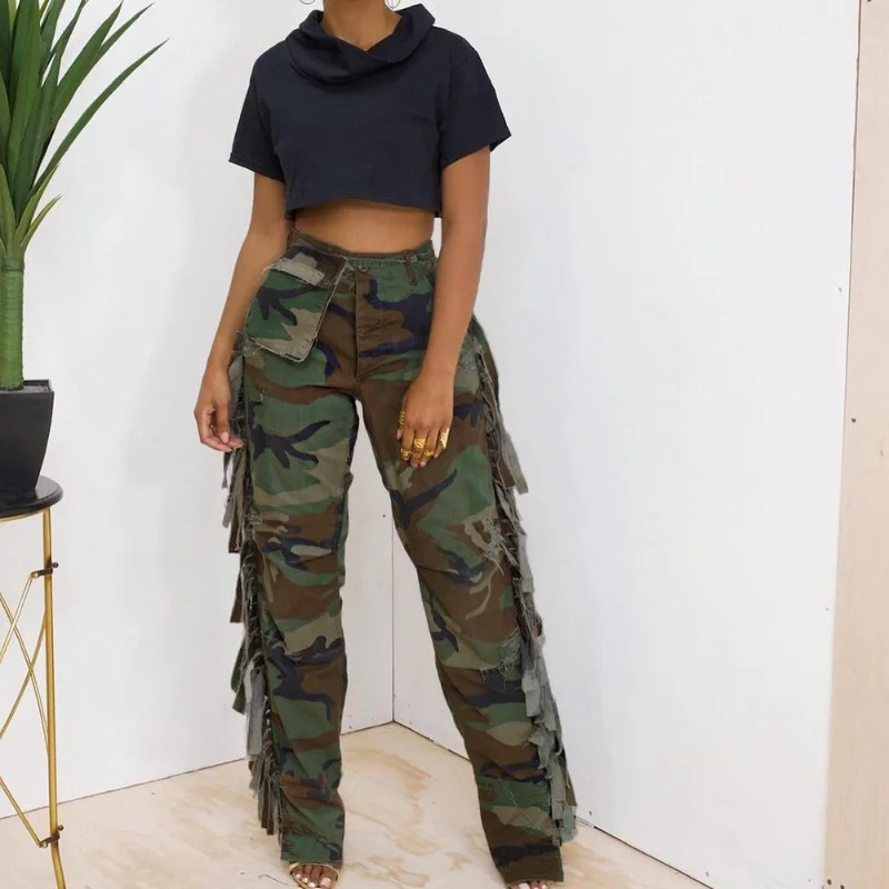 

WUHE Side Tassels Fashion Camouflage Multi Pocket Side Safari Style Jogger Pants 2023 Women Summer Street Cargo Trousers