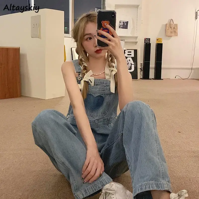 

Denim Jumpsuits Women Kawaii Patchwork Summer Baggy Simple Wide Leg Overalls Korean Style Prevalent All-match Schoolgirls Chic