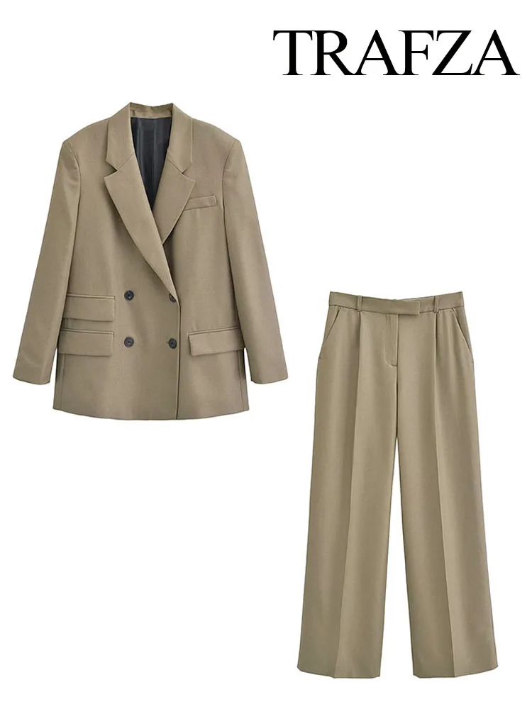 

Женский офисный костюм TRAFZA, повседневный свободный двубортный пиджак и элегантные модные брюки с высокой талией и широкими штанинами, комплект из 2 предметов, весна