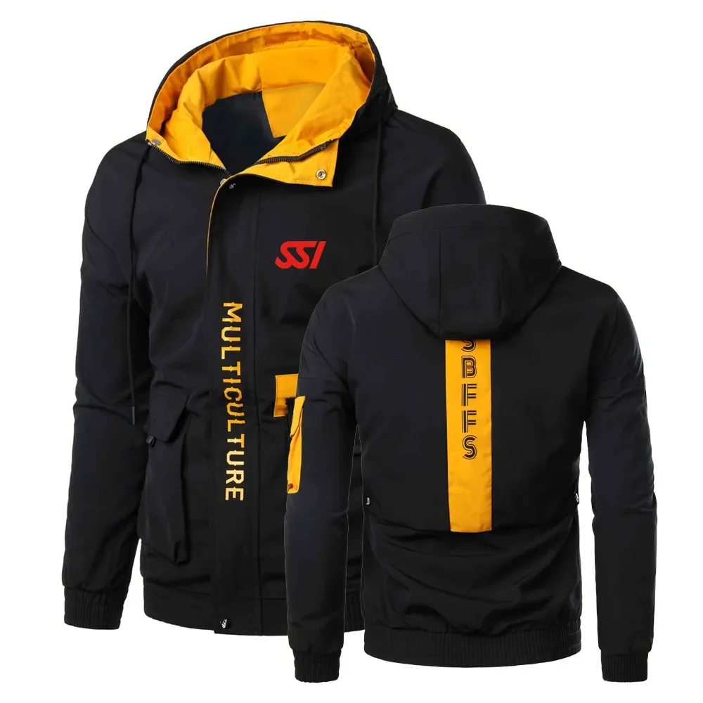 

Men's Hooded Coat Scuba Diving Dive SSI Printed Windbreaker Patchwork Outwears Spring Autumn Jacket Casual Male Sport Clothing