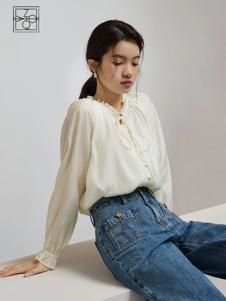 

ZIQIAO Women French Style Commute Lyocell Shirts Autumn Long Sleeve Solid Wood Ears Neck Female Blouses Thin Raglan Sleeve Tops
