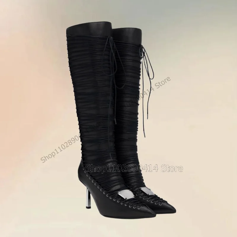 

Black Cross Tied Strappy Metal Heel Pointed Toe Boots Back Zipper Women Shoes Thin High Heels New Party 2024 Zapatos Para Mujere