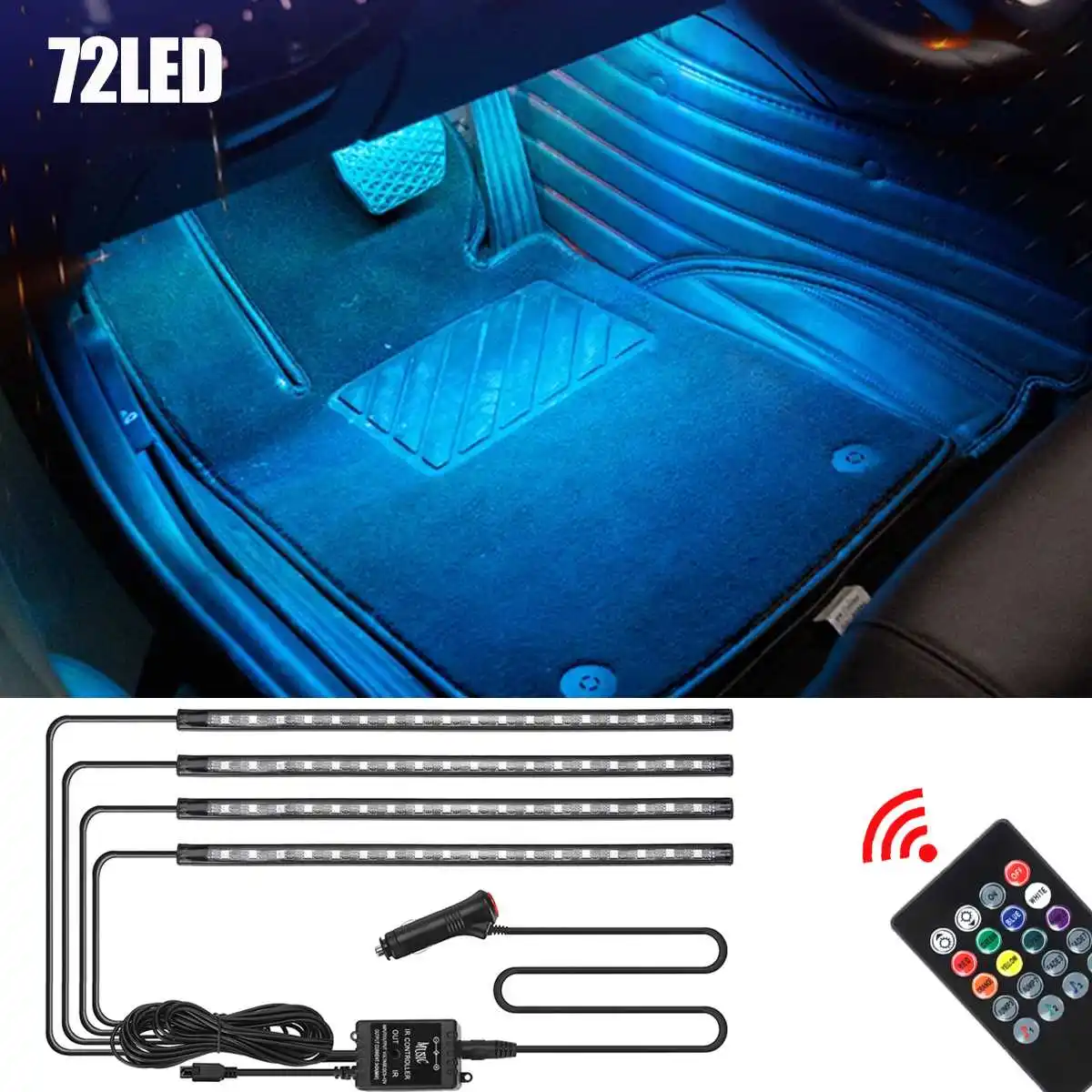 

72LED Car LED Interior Ambient Foot Strip Light Atmosphere Decorative Lamp Convenient Remote Control RGB