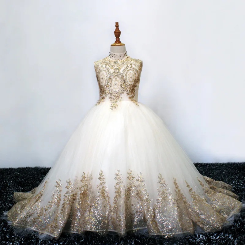 Gold Lace Applique Flower Girl Dress A-LINE Sleeveless O-Neck Floor-Length Tulle Simple Kids Clothing Brithday Party Skirt
Gold Lace Applique Flower Girl Dress A-LINE Sleeveless O-Neck Floor-Length Tulle Simple Kids Clothing Brithday Party Skirt