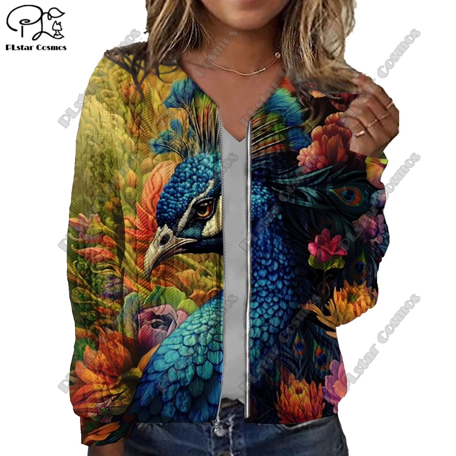 

Женская короткая куртка с резьбовой текстурой, Повседневная оригинальная куртка с 3D-принтом животных, павлинов, попугаев