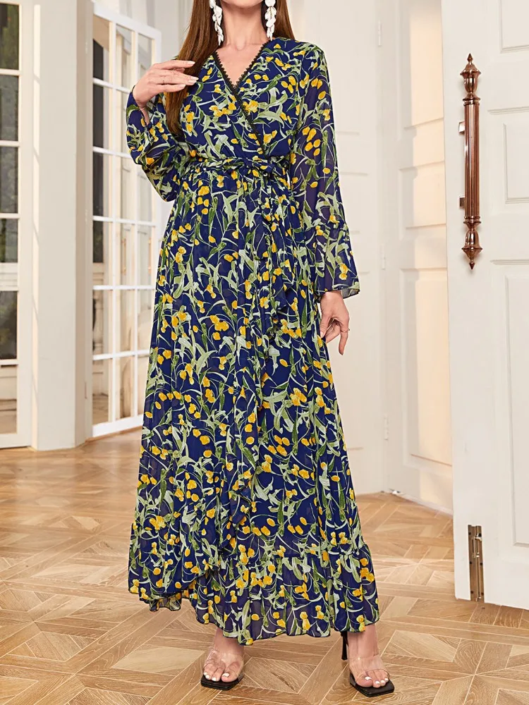 Long Sleeved Muslim Abaya Turkish Dresses Women V-neck Printed Slim Middle Eastern Chiffon Long Dress Dubai Arabische Dress Robe
Long Sleeved Muslim Abaya Turkish Dresses Women V-neck Printed Slim Middle Eastern Chiffon Long Dress Dubai Arabische Dress Robe