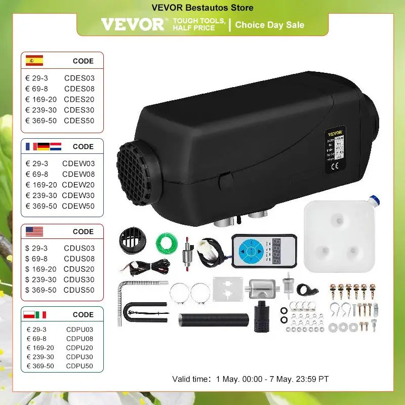 

VEVOR 5KW Car Heater 12V Air Diesel Heater Parking Heaters with Digital Switch Silencer for RV Trailer Truck Motorhome Boats Bus