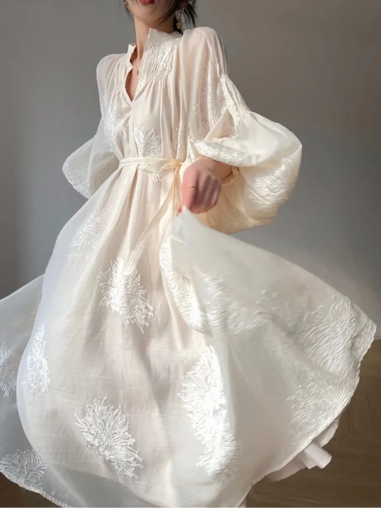

France Vintage Embroidery Midi Dresses for Women 2024 Elegant Evening Party V-Neck Lantern Sleeve Loose Casual Female Clothing