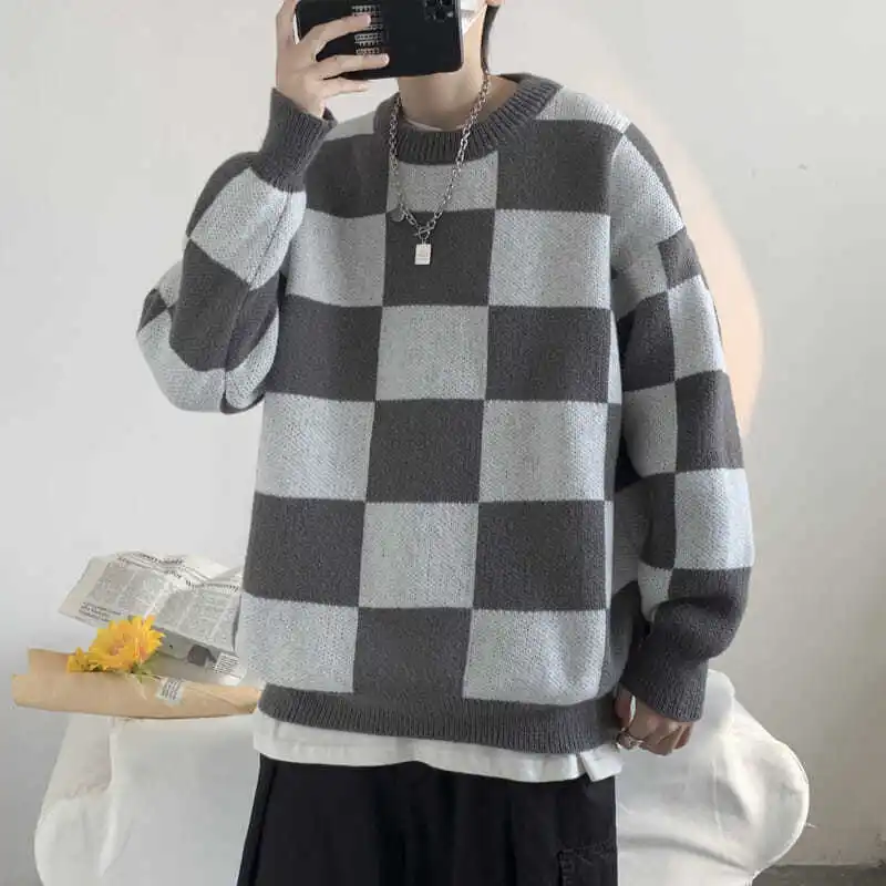 

Checkerboard sweater men's trendy loose lazy style autumn and winter thickened inner sweater for couples trendy brand sweater