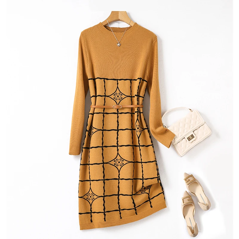 

2023 Autumn and Winter New Sweaters Knitted Underlay Printed Dress Women's Matching Coat Overlay Loose Large Knee Length Skirt