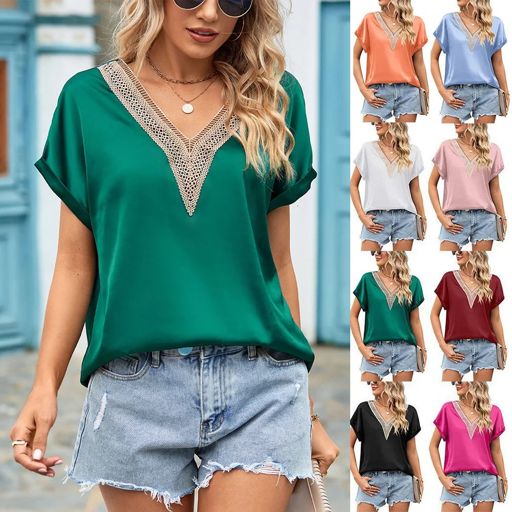 V-neck Loose Lace Satin Short Sleeve Shirt Bat Sleeve T-Shirts Daily Commute Casual Tops Streetwear Women's Clothing
V-neck Loose Lace Satin Short Sleeve Shirt Bat Sleeve T-Shirts Daily Commute Casual Tops Streetwear Women's Clothing
