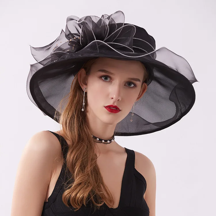 

Summer Organza Sun Beach Hat Fascinator Foldable Wedding Church Dresses Kentucky Derby Hats For Women Elegant Wide Brim Fedora