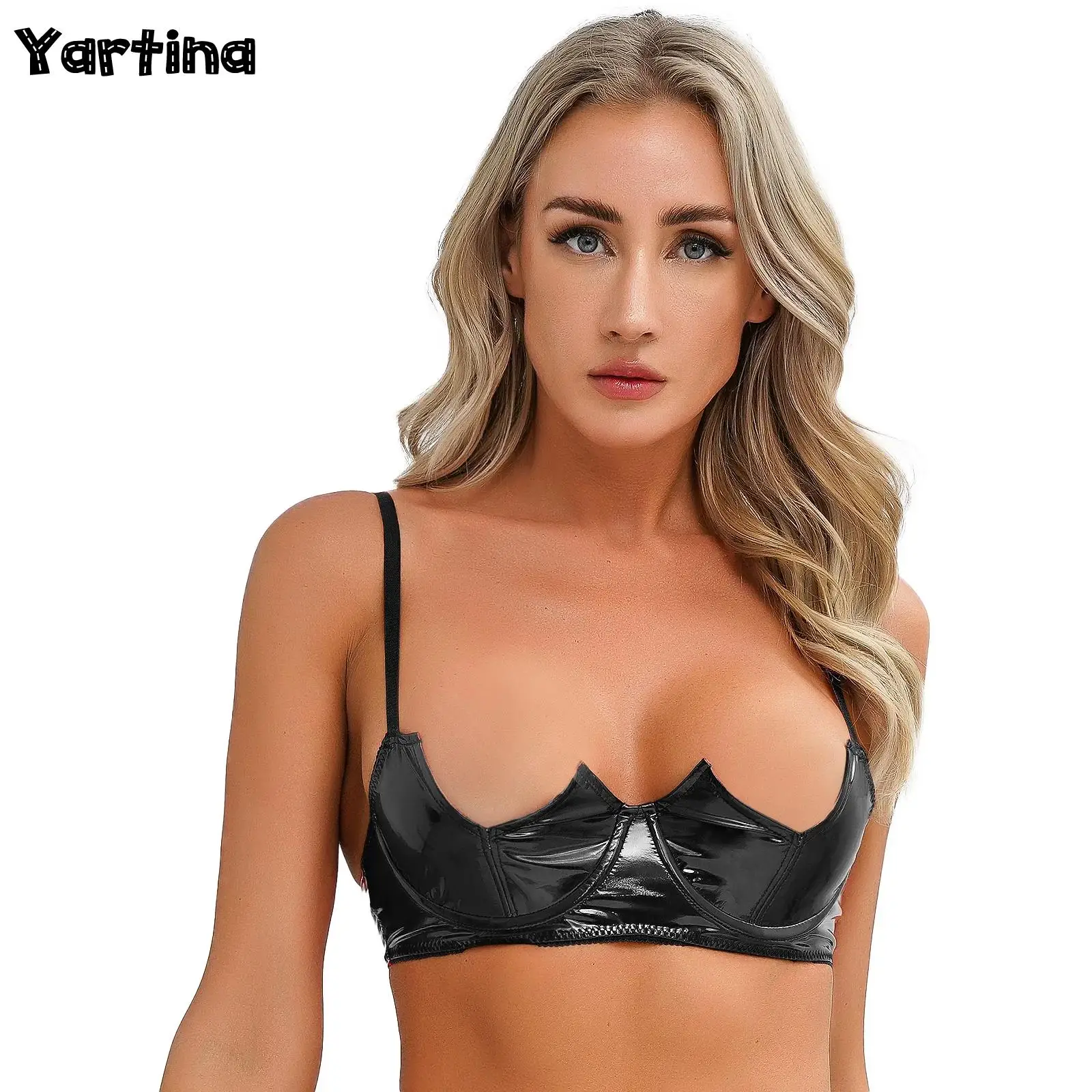 

Womens Lingerie V-Notch Underwired Bra Tops Bralette Underwear Wet Look Patent Leather Adjustable Spaghetti Straps Hot Brassiere