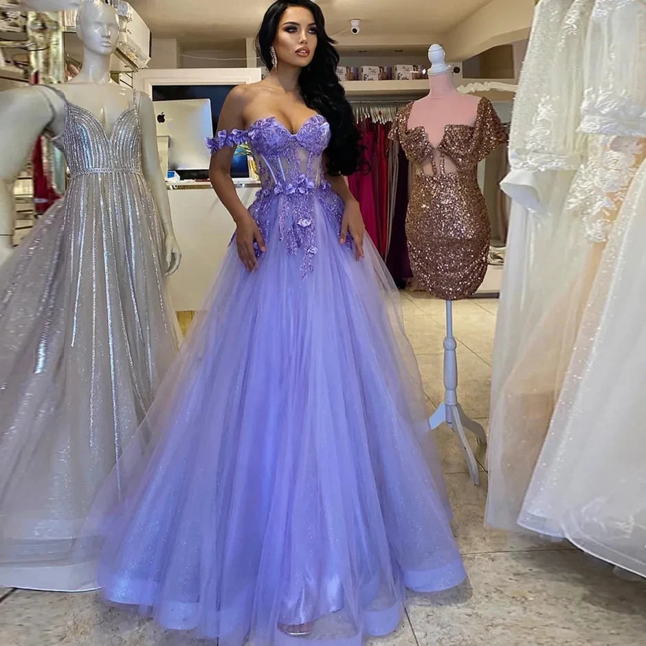 Shiny Purple Tulle Sweetheart 3D Flower Prom Dresses Applique A Line Off The Shoulder Lace Formal Party Evening Gowns For Women
Shiny Purple Tulle Sweetheart 3D Flower Prom Dresses Applique A Line Off The Shoulder Lace Formal Party Evening Gowns For Women