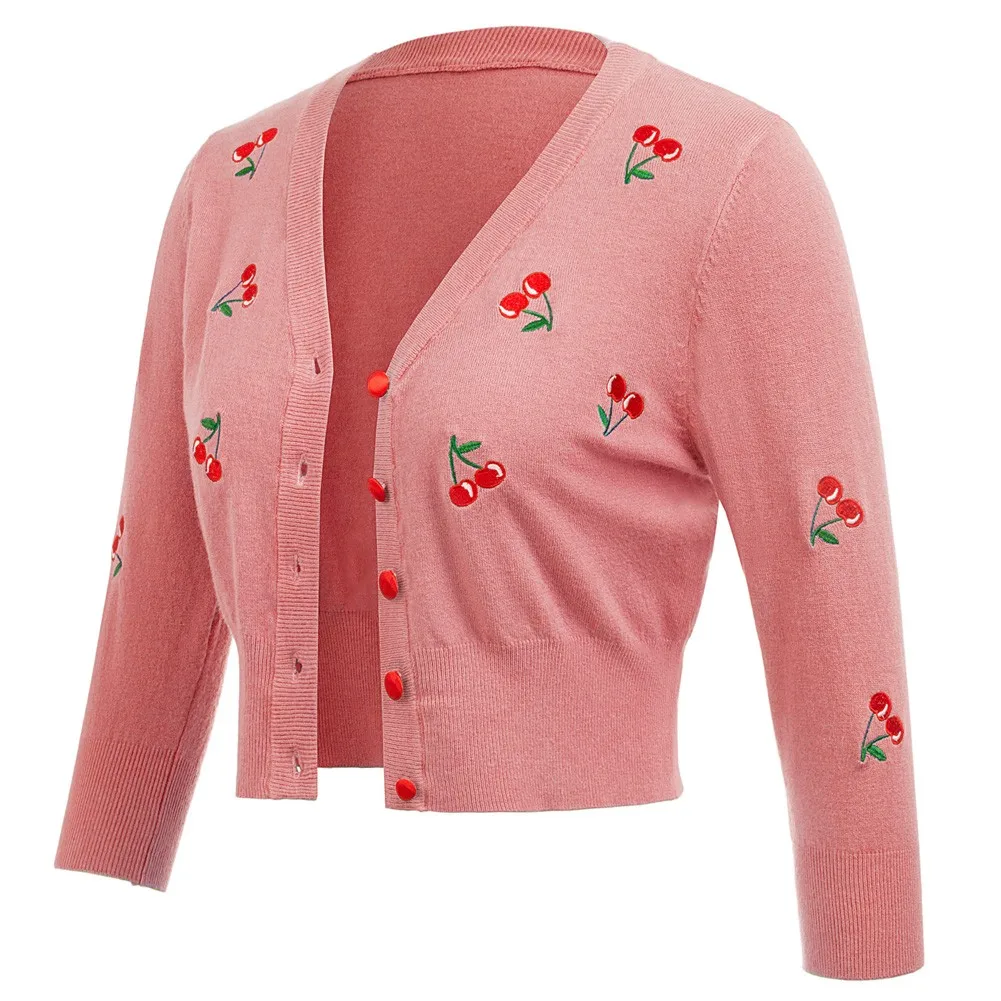 

GK Women's Knitting Coat Cherries Embroidery 3/4 Sleeve V-Neck Cropped Top Knitwear Fashion Causal Sweater Female Outerwear