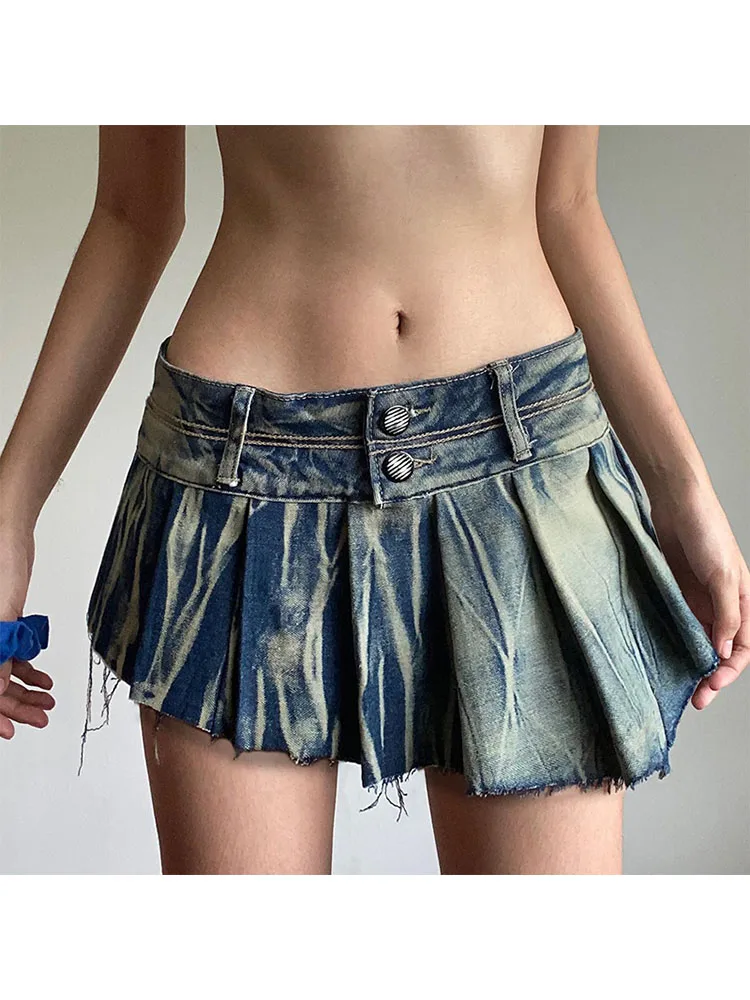 

Woman Denim Skirt Low Waist Pleated Tie-dyed Skirt A-line Wash Skirt Draped Mini Korean Preppy Style Kawaii All-match Y2k Ins