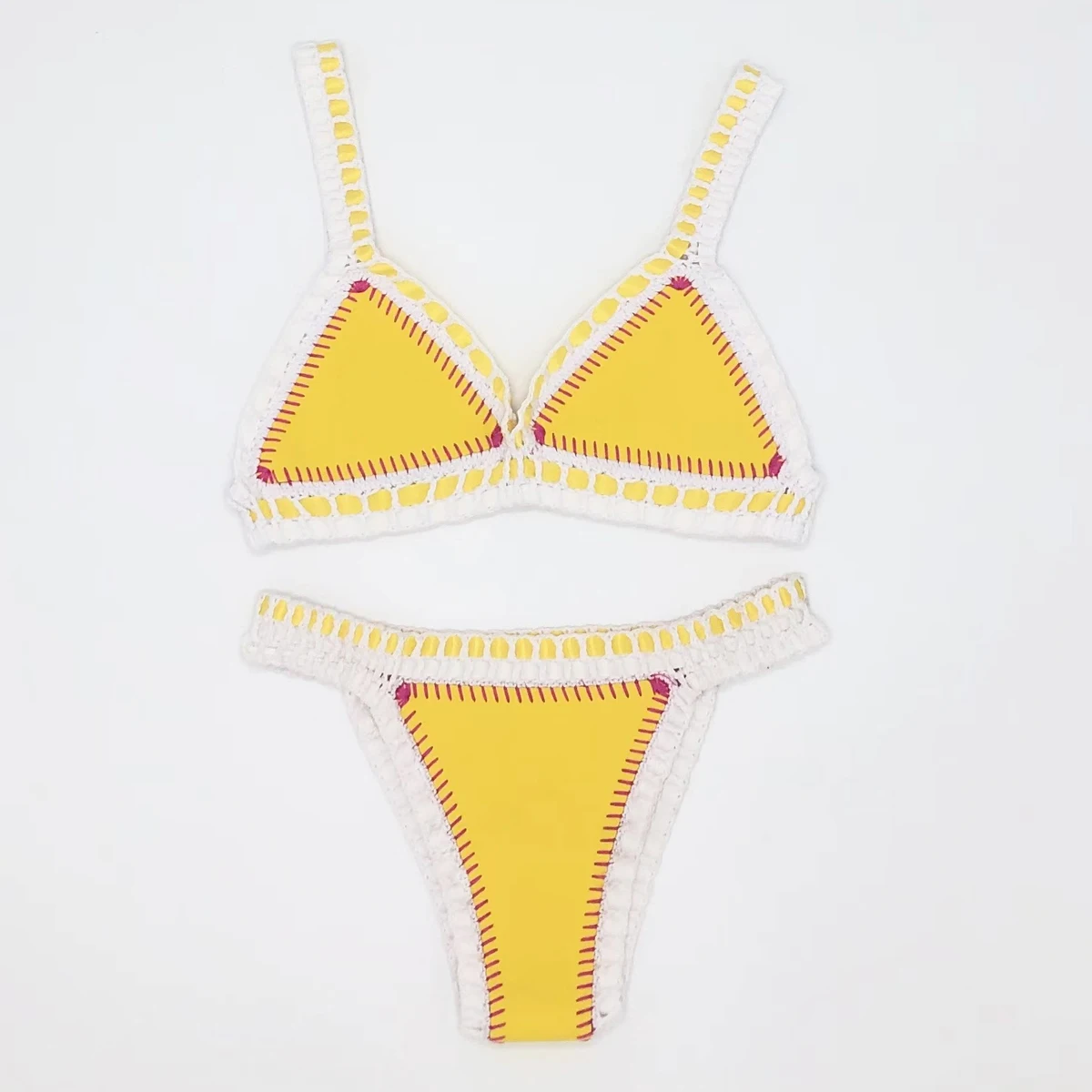 

Women Sexy Swimsuit Yellow Neoprene Crochet Elastic Bikini Sets Back Buckle Tankini Blue Swimwear