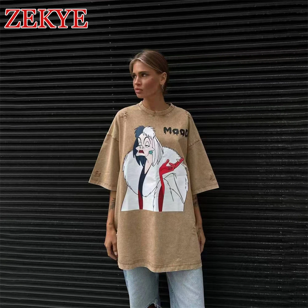 

Zekye Vintage Oversized Streetwear Tee Shirts Women Hip Hop Ripped Distressed Graphic Tshirt Femme Casual Grunge Retro Outfit