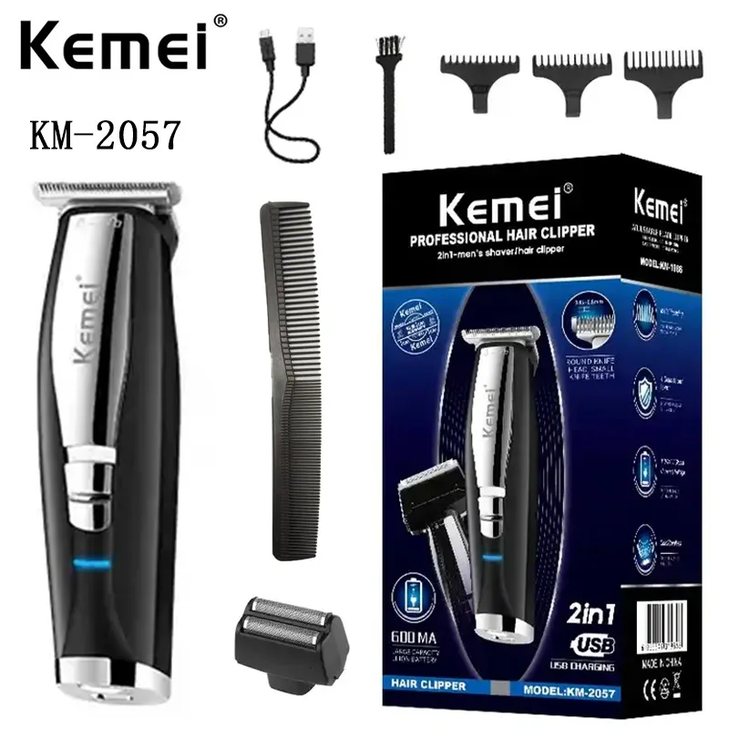 

2 in 1 USB Rechargeable Electric Beard Trimmer Kemei KM-2057 Nose Ear Hair Trimmer Razor Shaver Clipper Haircut Machine