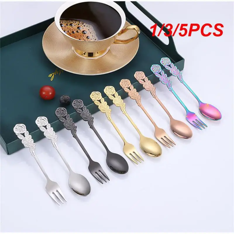 

1/3/5PCS 304 Stainless Steel Fork Spoon Set Creative Dessert Spoon Rose Fruit Fork Coffee Stirring Spoon Kitchen Decorative