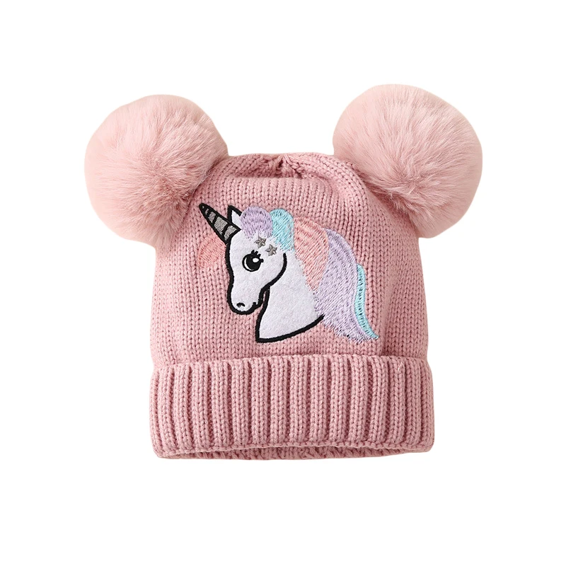 

Kid Girls Knit Beanie Hats Cap Soft Lightweight Unicorn Embroidery Winter Cap Toddler Beanie with Plush Balls