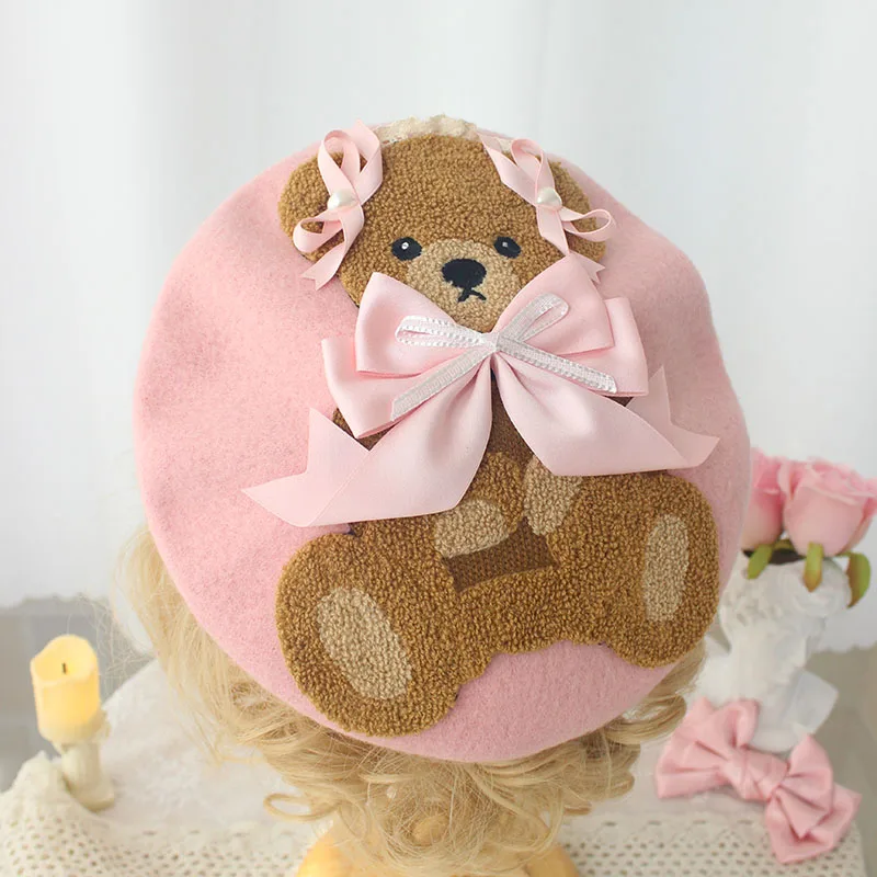 

Pink Plush Bear Bowknot Soft sister Sweet Biscuits Hat Beret Wool Hat Painter Hat Spring Autumn Hairpin Lolita Hair Accessories