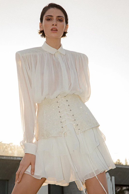 Women Beaded Bandage Slim Waist Shoulder Rhinestones Turn-down Collar White Mini Dress
Women Beaded Bandage Slim Waist Shoulder Rhinestones Turn-down Collar White Mini Dress