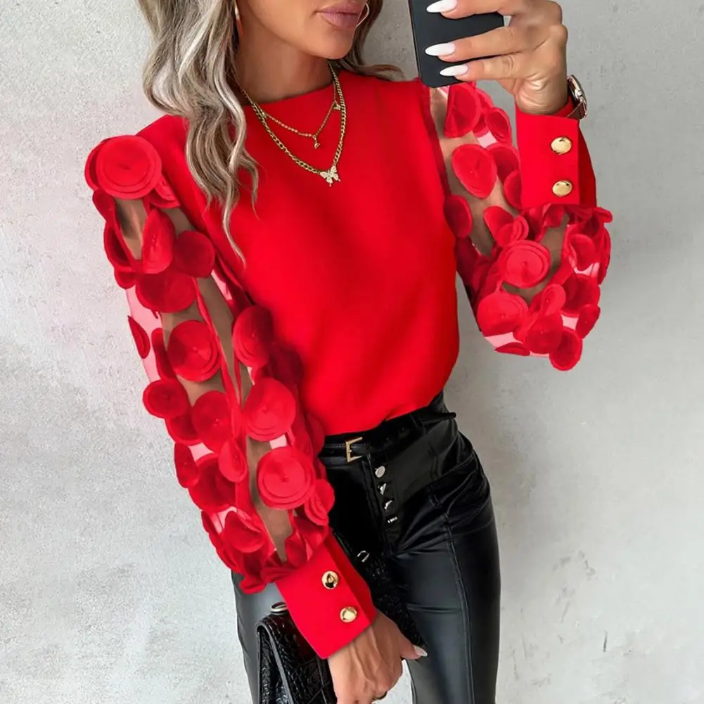 Hollow Patchwork Sleeve Top Elegant Women's Mesh Long Sleeve Blouse with Flower Decor for Fall Spring Office Wear Elegant Women
Hollow Patchwork Sleeve Top Elegant Women's Mesh Long Sleeve Blouse with Flower Decor for Fall Spring Office Wear Elegant Women