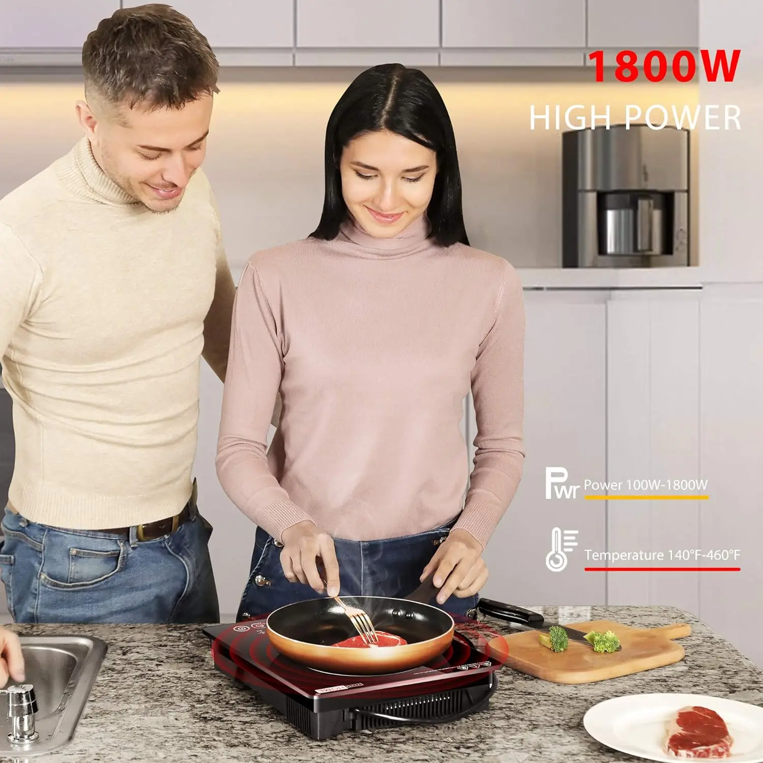 

1800W Portable Induction Cooktop with 8 Preset Buttons, Sensor Touch Countertop Burner with 180-Min Countdown Timer and 0-24H T