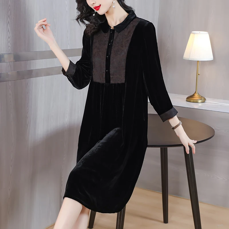 2023 New Vintage Velvet Long sleeved Dress for Women's Black Polo Neck Loose Size Silk Velvet Slim Knee Length Robe
2023 New Vintage Velvet Long sleeved Dress for Women's Black Polo Neck Loose Size Silk Velvet Slim Knee Length Robe
