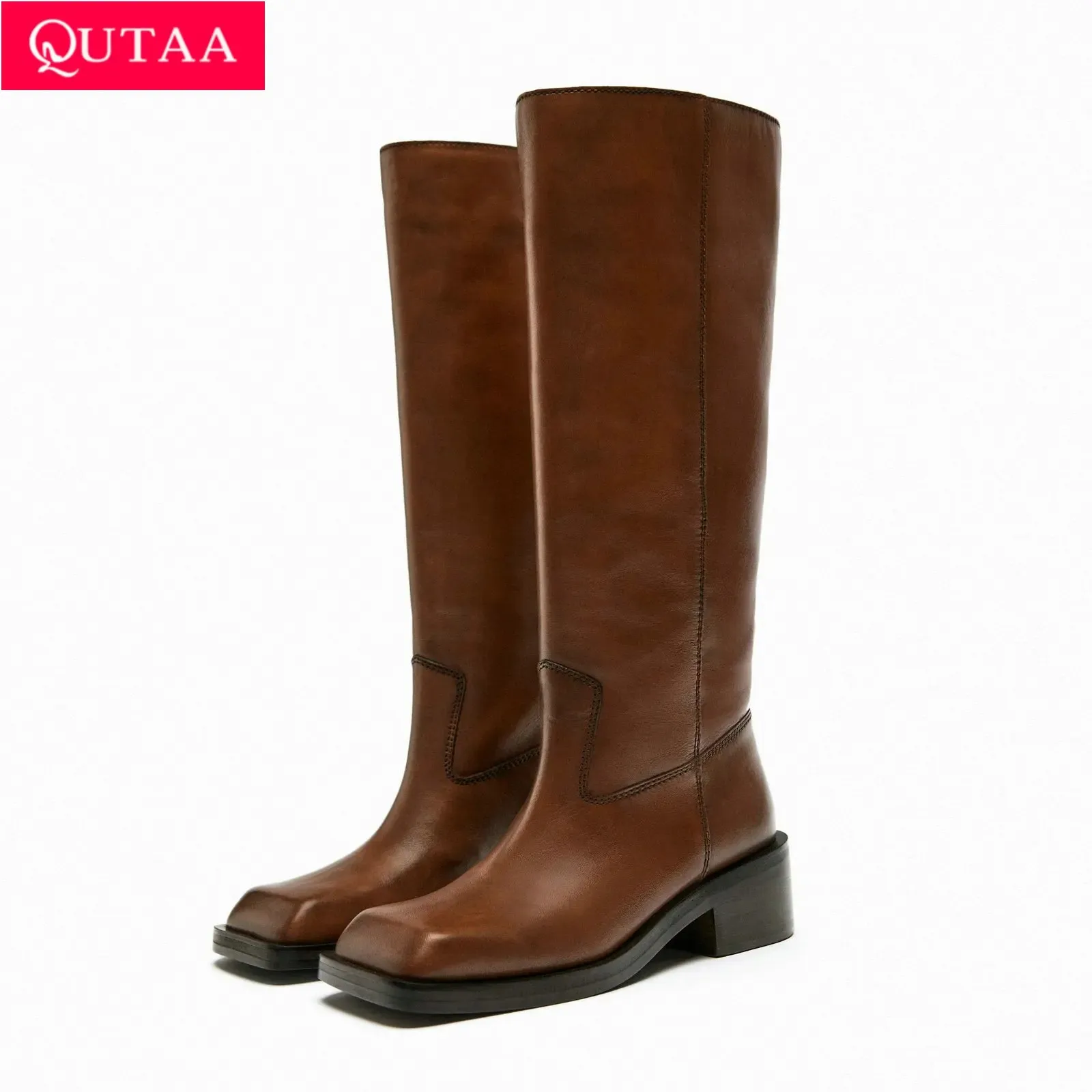 

QUTAA 2024 Ins Fashion Women Knee High Boots Cow Leather Warm Autumn High Heels Winter Motorcycle Boots Woman Lady Shoes 34-42