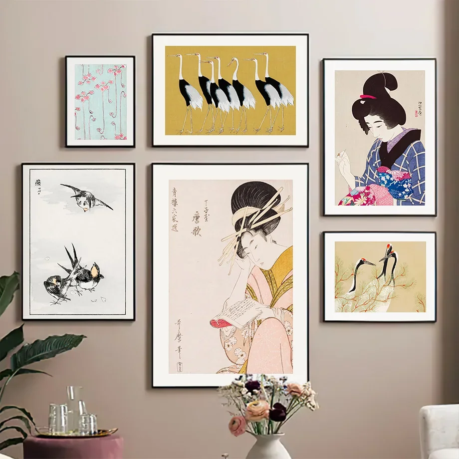 

Japanese Style Crane Swallow Swan Woman Flower Posters And Prints Wall Art Canvas Painting For Living Room Decorative Pictures