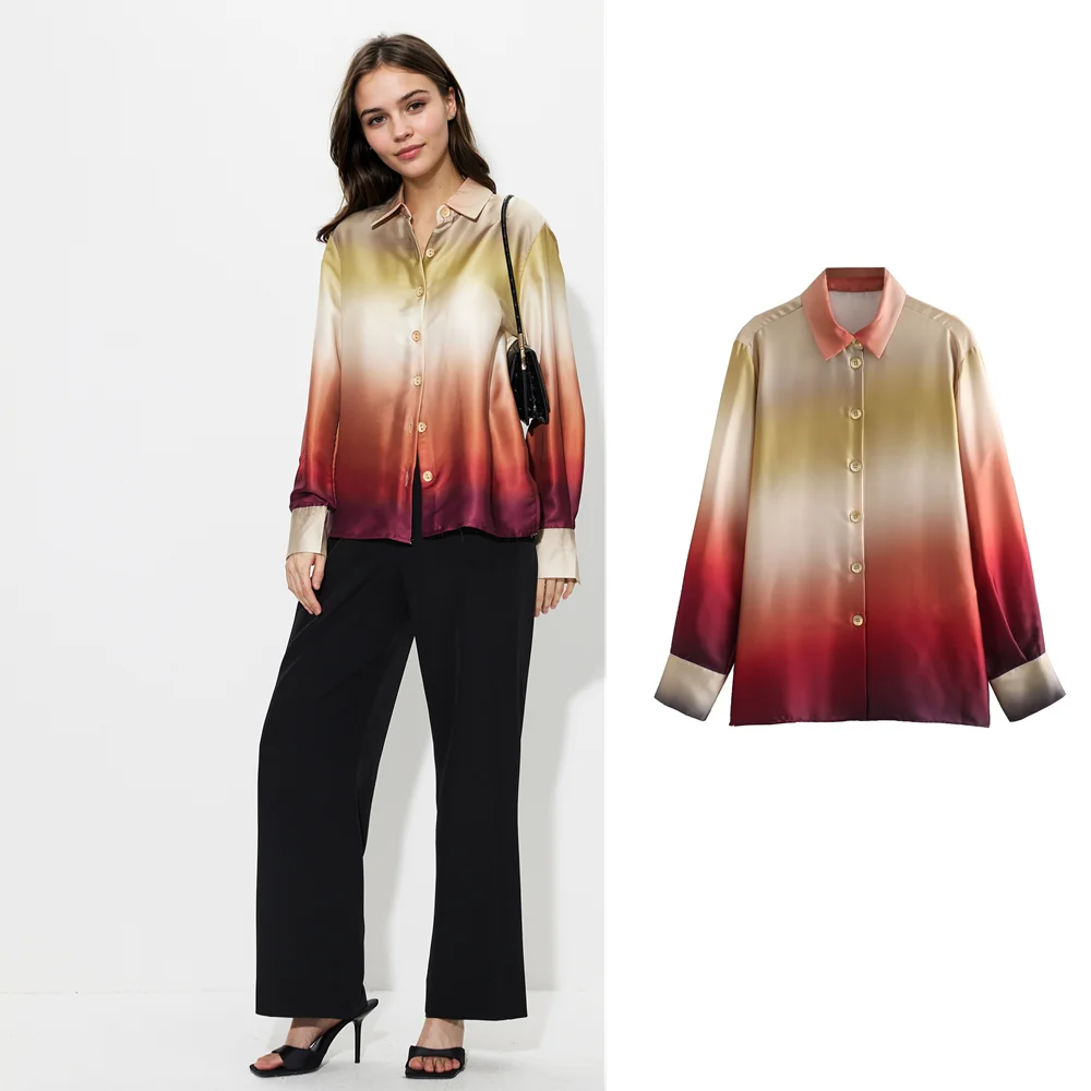 

TAOP&ZA women's 2024 spring new slim and versatile long-sleeved tie-dye silk satin texture shirt 7888173