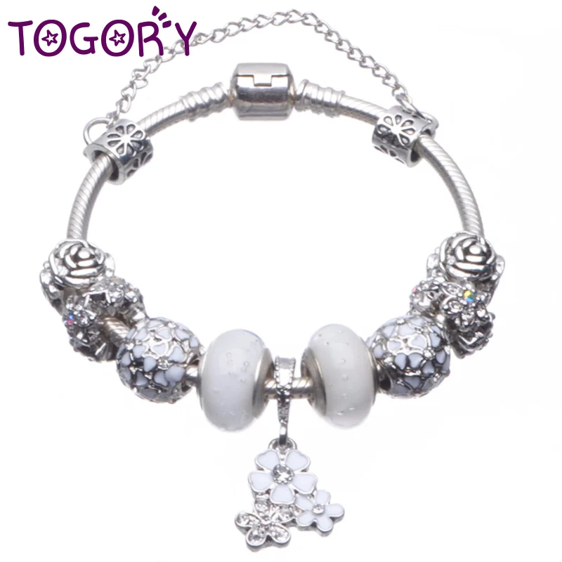 

New Fashion Flower Pendant Crystal Beads Charm Bracelet Fits Silver Color Snake Chain Bracelets Bangles As Women Pulsera Jewelry