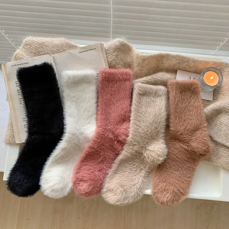 

Thicken Long Fuzzy Wool Socks Women Warm Imitated Mink Fur Socks Female Solid Thick Socks Winter Snow calcetines mujer