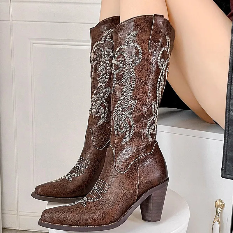 

New Brown Vintage Cowboy Western Boots Embroidery Thick High Heels Women Boots Pointed Toe Mid-Tube Knight Boots Botas de mujer