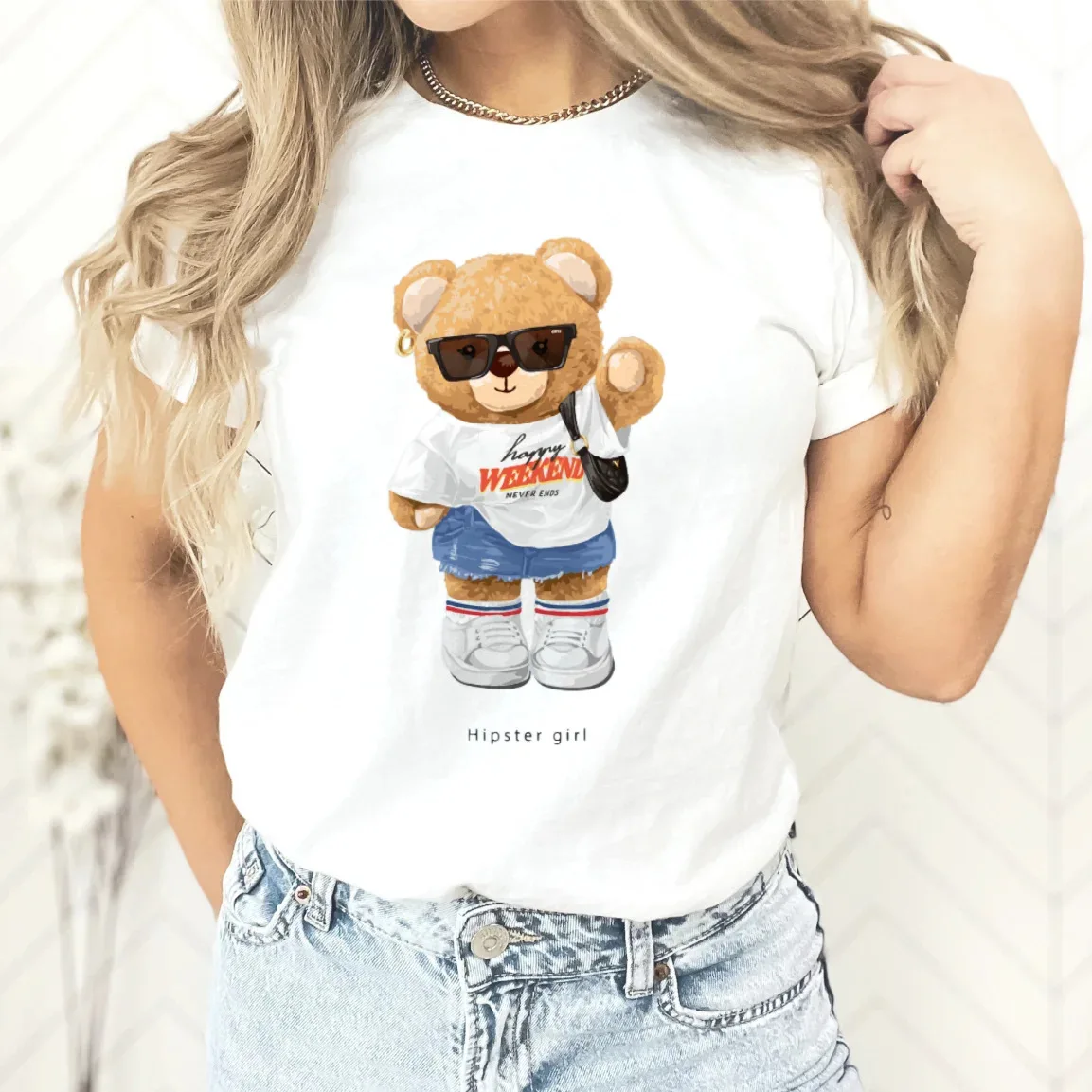 

Cool Teddy Bear Print T-shirt Crew-neck Casual Top Summer Women's Wear Graphic T Shirts Oversized T Shirt Tops