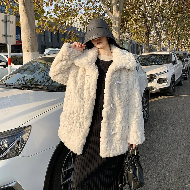 

Winter Women Short Faux Rabbit Fur Jacket Loose Casual Turndown Collar Horn Button Long Sleeve Thick Warm Imitation Fur Outwear