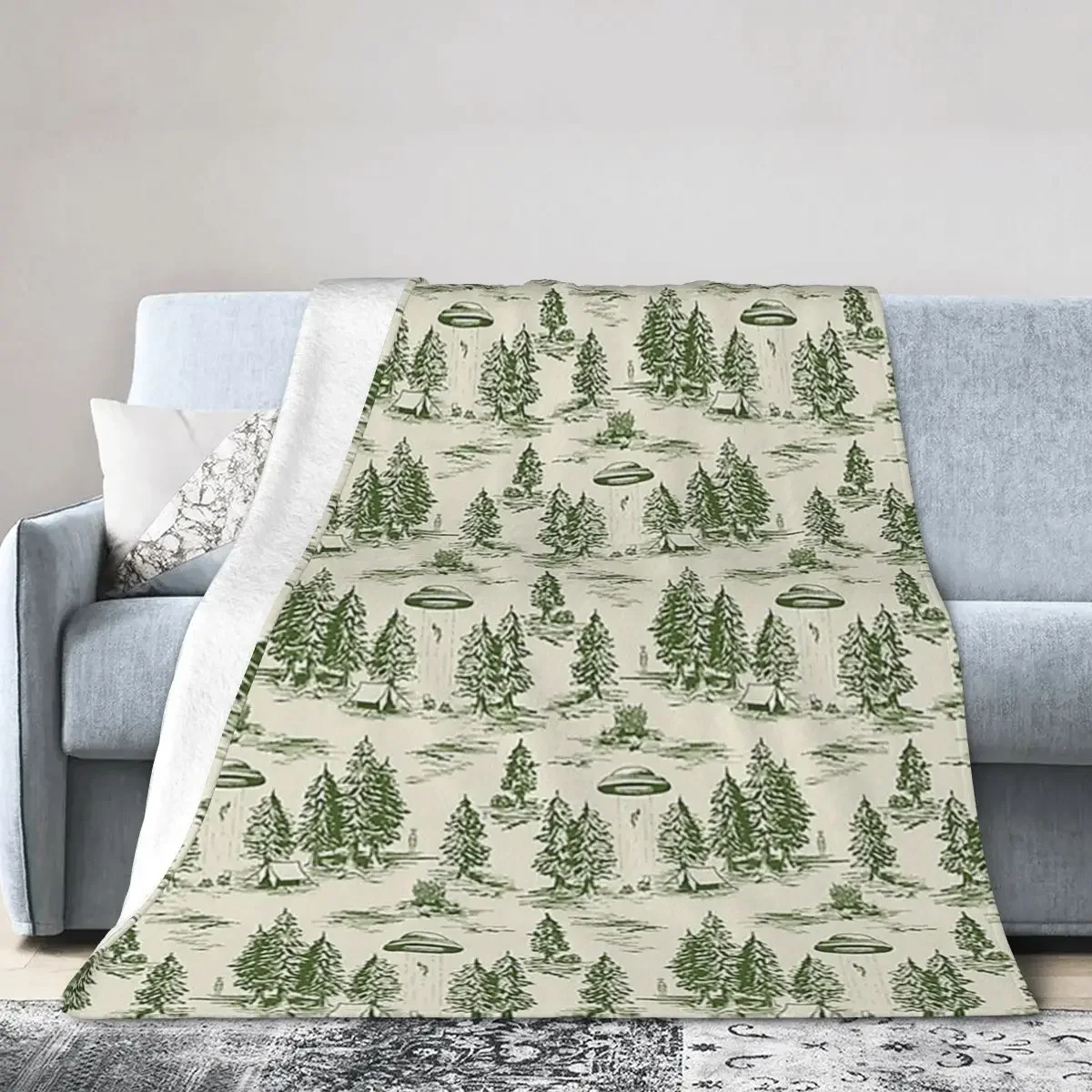 

Green Alien Abduction Toile De Jouy Pattern Blankets Soft Warm Flannel Throw Blanket Bedding for Bed Living room Picnic Home