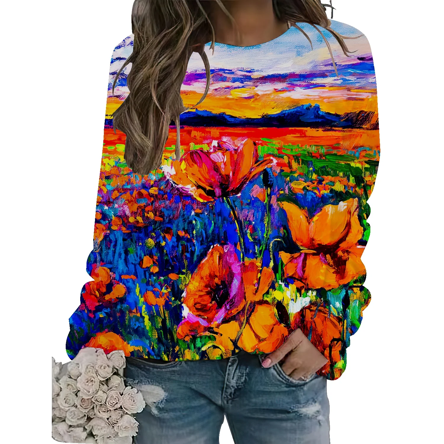 

Autumn and Winter Women's 3D Printed Sweatshirt Colored Rainbow Women's Dandelion Casual O-Neck Loose Casual Top Hoodie