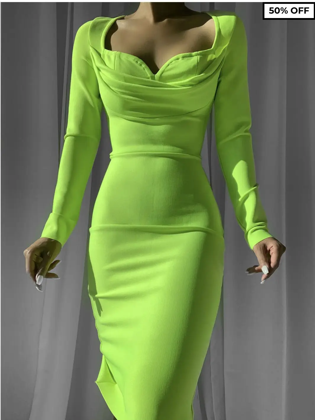 

New Women Luxury Sexy Long Sleeve Square Collar Neon Green Bodycon Dress Celebrity Elegant Evening Party Club Dress