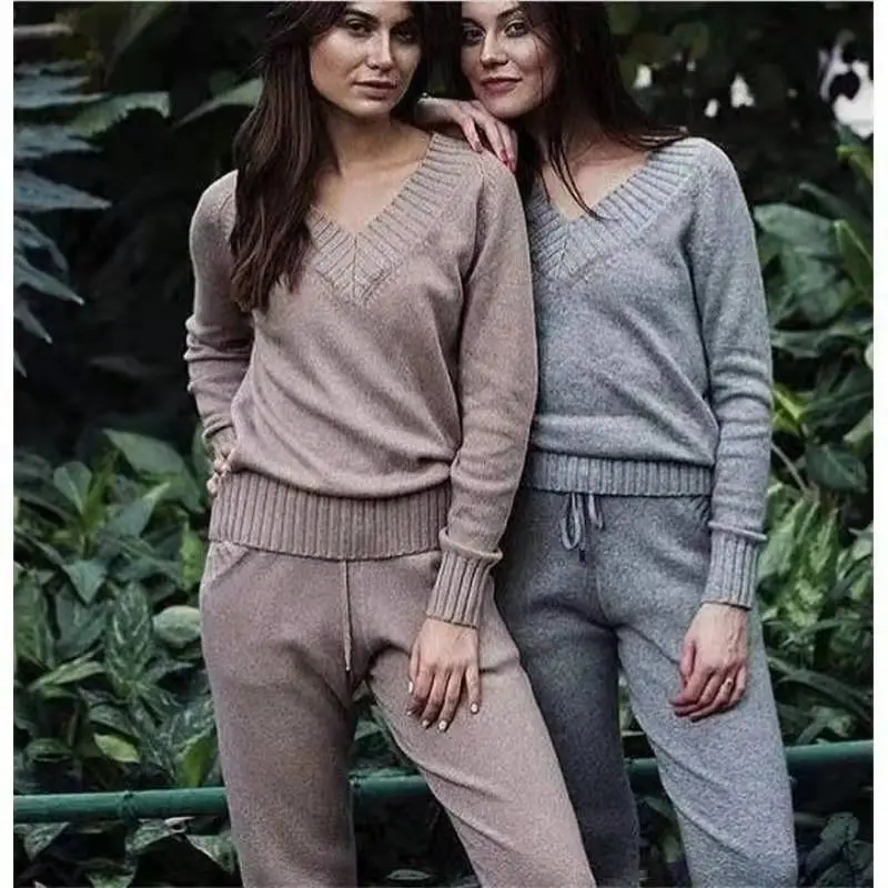 

V-neck Sweater And Jogger Pants Sets Casual Knitting Pullover+slim Pocket Trouser Two Piece Set Autumn Simple Home Women Outfit